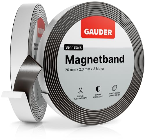 GAUDER Bande Magnétique Adhésif Puissant - Ruban Magnétique Découpable avec Force d’Adhérence Élevée - Ruban Aimanté Autocollant pour Bricolage (3 m x 20 mm)