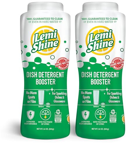 Lemi Shine Potenciador de detergente para platos, galardonado limpiador multiusos de ácido cítrico (recipiente de 24 onzas, paquete de 2)