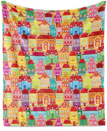 ABAKUHAUS Cityscape Cartoons Throw Blanket, European Architecture Art Houses with Pillars Fountains Urban View, Flannel Fleece Accent Piece Soft Couch Cover for Adults, 70 x 90, Multicolor