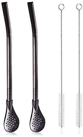 Lot de 2 cuillères filtrantes amovibles en acier inoxydable avec 2 brosses de nettoyage, paille Yerba Mate Bombilla, cuillère à cocktail réutilisable en métal pour boire du thé en vrac, du café