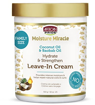 African Pride Moisture Miracle Leave-In Cream with Baobab Oil & Coconut Oil for Coily & Curly Hair, Adds Moisture, Helps Repair & Strengthen, 18 oz