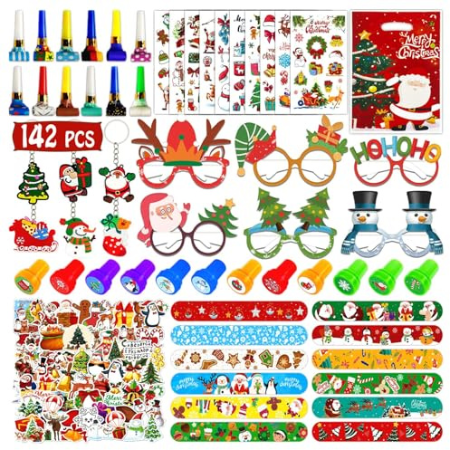 Leesgel Relleno Calcetines Navidad, 152Pz Manualidades Llaveros/Pulseras/Soplos/Bolsas de Regalo/Gafas/Pegatinas, Relleno Piñata Detalles Regalos Cumpleaños Niños Juguete
