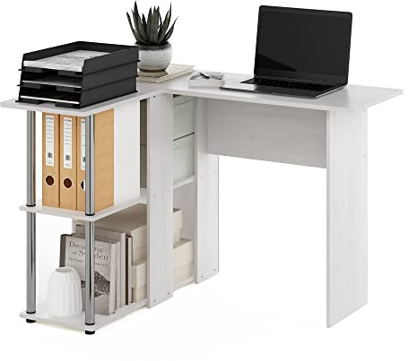 Furinno L-Shape Desk with Bookshelf, Engineered Wood, White Oak/Chrome, 104.5 (W) x 73.51 (H) x 87.5 (D) cm