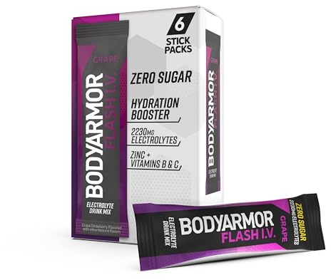 BODYARMOR Flash IV - Paquetes de electrolitos, uva, mezcla de bebida sin azúcar, paquetes de una sola porción, agua de coco en polvo, hidratación para entrenamiento, artículos esenciales de viaje