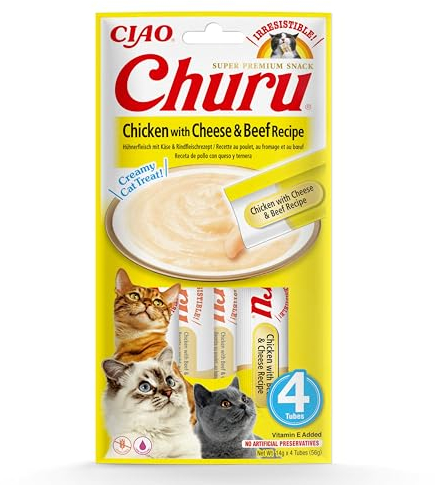 INABA Churu Püree Katzensnacks - Katzenpaste zum Füttern aus der Hand - Katzensticks mit Huhn & Käse & Rindfleisch - 4 Sticks x 14 g