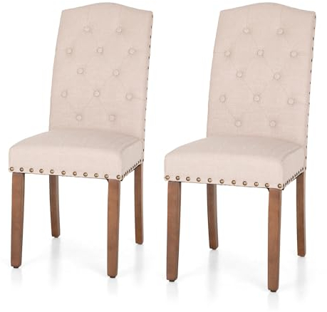 ALPHA HOME Getuftete Esszimmerstühle 2er-Set, Küchenstühle aus Leinen Gepolstert Moderne Esszimmerstuhl mit Knopfleiste Holzrahmen hoher Rückenlehne, Stilvolle Polsterstuhl Beige