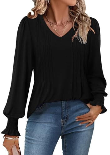 CHICZONE Women's Tops Sexy V Neck Pleated Shirts Casual Blouses Puff Long Sleeve Dressy for Leggings Black