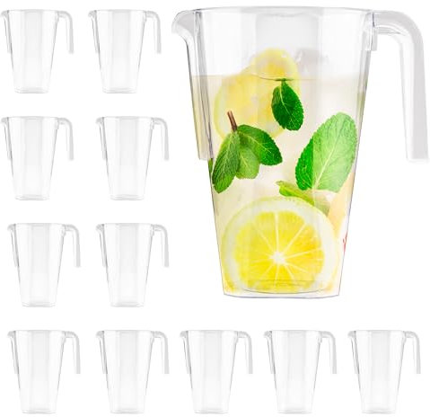 MATANA 12 Kunststoff Krüge (Durchsichtig, 1,5L) - Wasserkrug, Cocktail Krug, Saftkanne, Wasserkanne, Karaffe Plastik, Wasserkaraffe - Geburtstage, Hochzeiten, Grillpartys - Stabil & Mehrweg