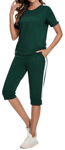 Aottori Tuta Sportiva Donna Due Pezzi T Shirt Manica Corta Verde Scuro XL
