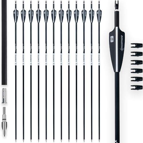 BOWSOUL 31Inch Carbon Arrows for Target Practice Hunting Arrow with Removable Tips for Compound & Recurve Bow(Pack of 12) (Black White)