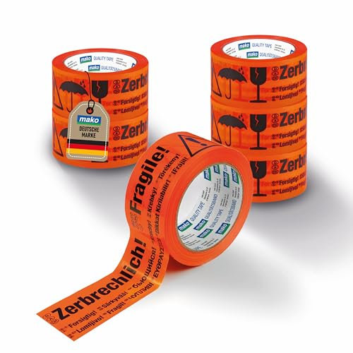 6x mako Signalband 60 mm x 33 m – Selbstklebendes Warnband (schwarz/gelb) / mako reißfestes Signal-Packband 50 mm x 66 m rot (6, 50 mm x 66 m)