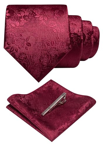 JEMYGINS Silk Burgundy Floral Tie Necktie and Pocket Square, Hankerchief and Tie Bar Clip Sets for Men(55)
