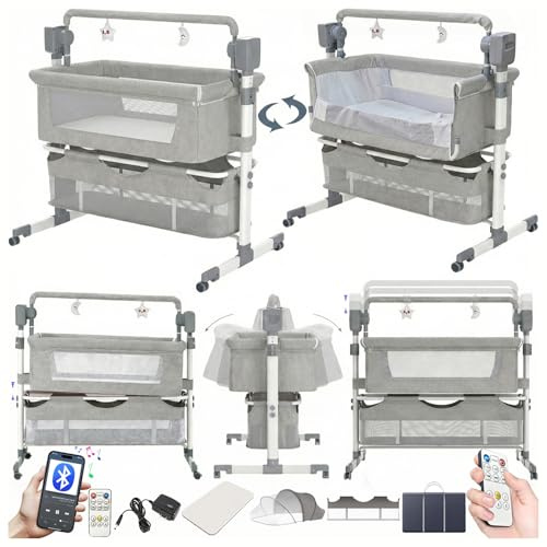 Nine point nine Elettrico Bluetooth Intelligente Culla Next to Me, Culla Neonato Fianco Letto, Convertibile Co-sleeping per Bambini Pieghevole con Musica 5 Ingranaggi Ondeggianti (601 Light Grey)