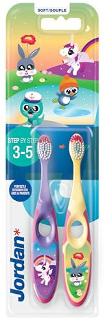Jordan ® Step 2 Lot de 2 brosses à dents pour enfant de 3 à 5 ans, poils souples, double poignée ergonomique et sans BPA, violet et jaune