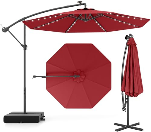 GYMAX Ombrellone da Giardino 3x3 M con 40 Luci LED Solari, Ombrellone da Esterno con 2 Sacco di Sabbia, con Altezza Regolabile, con Manovella, Giardino Patio Terrazzo Caffetteria Ristorante