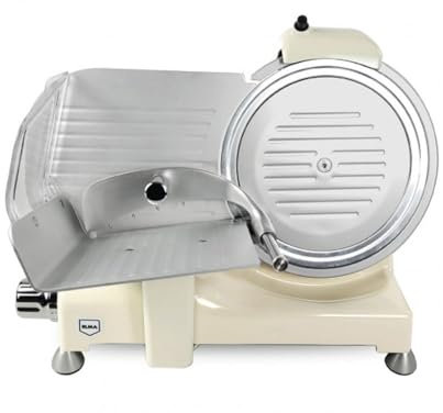 ELMA Cortadora de Fiambre Centenario | 140W, Corte Preciso 0-15 mm, Cuchilla de Acero Inoxidable Extraíble de 25 cm, Afilador Integrado, Línea Vintage, Color Crema