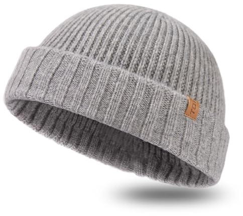 TOP-EX XL/XXL 100% Merino Wolle Trawler Beanie Herren Damen Fisherman Beanie Wintermuetze Strickmuetze Hellgrau XL/XXL
