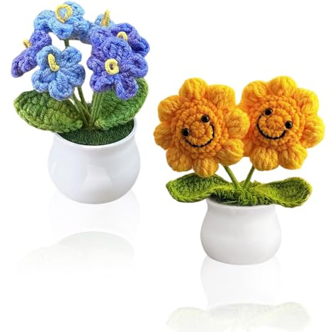1 bit blå vävd blomvals, 1 bit solros, handstickade växter, virkad blombukett, lämplig för kontorsdekoration, gåvor till vänner.