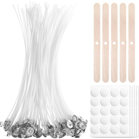 JYNXOR Mechas para Velas de Algodón Trenzado - 100 Unidades + 1 Soporte de Madera - Longitud 8cm - Para Fabricar Velas Artesanales - Combustión Limpia