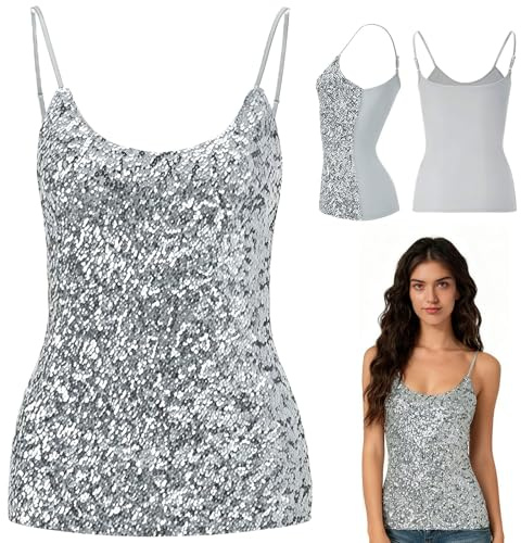 MUNSKT Women's Sequin Party Tops, Adjustable Straps Daily Halter Tank Tops Sleeveless Glitter Camisole Vest Blouse Tshirts for Night Club Party Performance Costume Tops (Silver)
