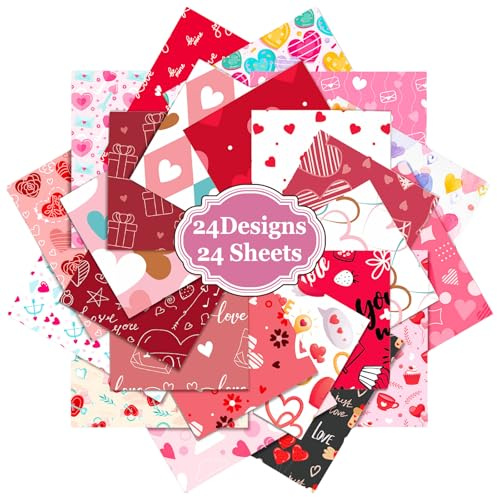 FOSDICK 24 Hoja Papel Scrapbooking Día de San Valentín, 15x15 cm Papel Decoupage, Papeles Scrapbooking, Scrapbook Paper con Diseños Corazón para Journaling, DIY Album Scrapbook, Decoupage, Regalos