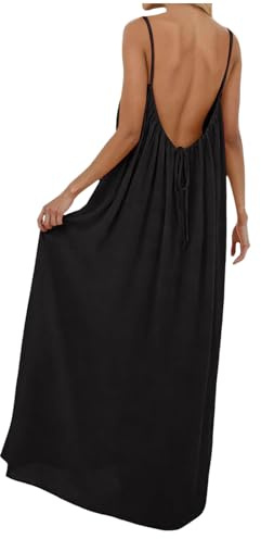 Backless Cami Dress for Women Summer 2026 Sleeveless Long Maxi Casual Sundress Ladies Flowy Open Back Lounge Dresses for Holiday Beach House Solid Color Black