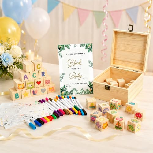 Babyparty Spiele Set, Bauklötze Bemalen Babyparty Deko mit 50 Holzwürfeln zum Bemalen, 24 Acrylstiften, Schablonen & Holzbox für Baby Shower, Gender Reveal, Babyparty Junge und Mädchen