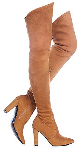Shoe'N Tale Women Stretch Suede Chunky Heel Thigh High Over The Knee Boots, Brown, 5 UK