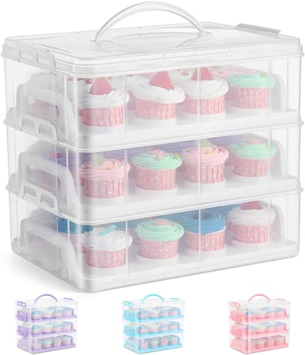SG Traders Reusable Cupcake Carrier with Handle, 3 Tier Bake Cake Holder, 36 Muffin Cases Stackable Cake Caddy, Baking Cup Cake Boxes Cupcake Cases, Plastic Storage Box with Adjustable Compartments