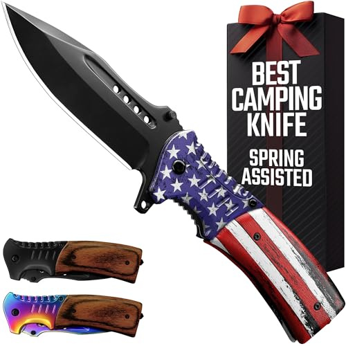 Spring Assisted Patriotic American USA Flag Knife - 3.66 Sharp Blade - Folding Knife with Glass Breaker - Cheese Knives for Men Women Hunting Camping Military Survival Hiking Work EDC 0207 F