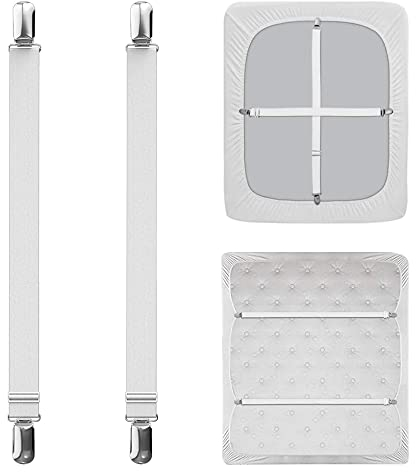 laeeyin Verstellbare Bettlakenspanner 2 Stück 55-250cm Bettlaken Spanngurte Elastische Betttuchspanner, Weiß Lakenspanner mit Metallclips, für Bettlaken, Matratze, Bügelbrett Oder Sofa