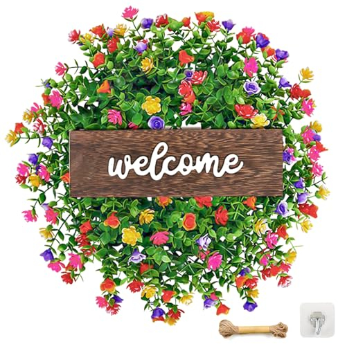 Bunte Häuschen Türkranz, Willkommensschild Vordertür Sommerkranz Ganzjährig Künstliche Kranz Deko Frühling Türschild für Haustür Zuhause Tür Fenster Wand (Farbe)