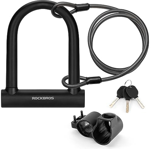 ROCKBROS Fahrrad Bügelschloss mit Halterung U-Fahrradschloss aus Hochfestem legiertem Stahl Schloss mit 2m Kabel für Fahrräder, Motorräder, E-Bikes Schwarz