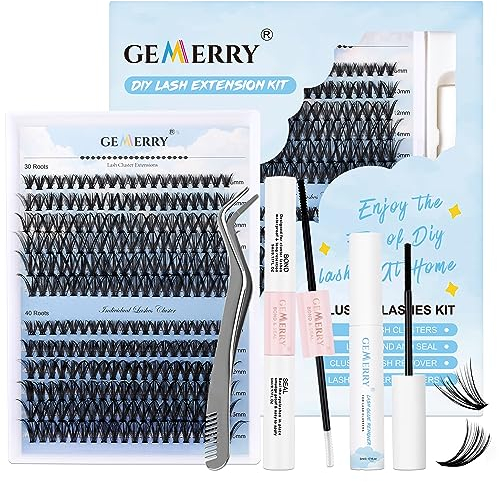 Kit De Pestañas en Racimo GEMERRY 240 PCS D Curl 8-16 mm Kit de extensión de pestañas con unión y sello de pestañas y removedor de pegamento de pestañas y pinzas para pestañas(30+40D-D-KIT-H)