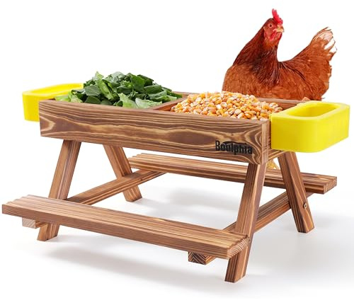 Boulphia Comederos y Bebedores para Pollos, Kit de comedero para Pollos sin residuos con Mesa de Picnic para Pollo y 2 comederos de Agua para Pollos, Suministros y Accesorios de Madera Hechos a Mano