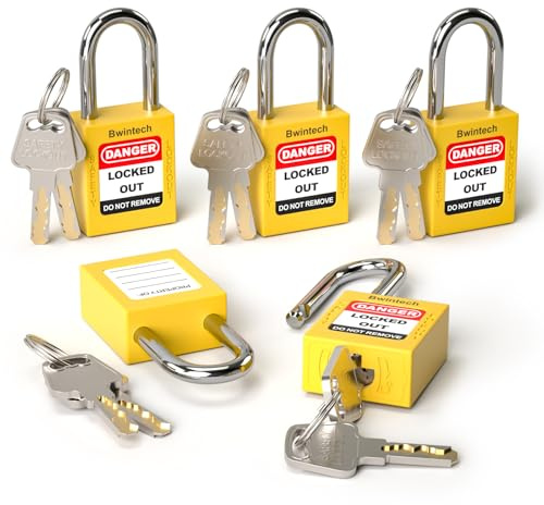 Bwintech 5 Pcs 38MM Candado de seguridad amarillo diferente con llave para bloqueo y etiquetado de estaciones y dispositivos de bloqueo y etiquetado