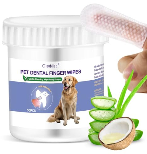 Glaublieb 50PCS Salviette per Dita Cura Dentale per Cani, Salviette per la Pulizia dei Denti per Cani e Gatti per l’Eliminazione dell’Alito Cattivo, Placca e Carie (50pcs)