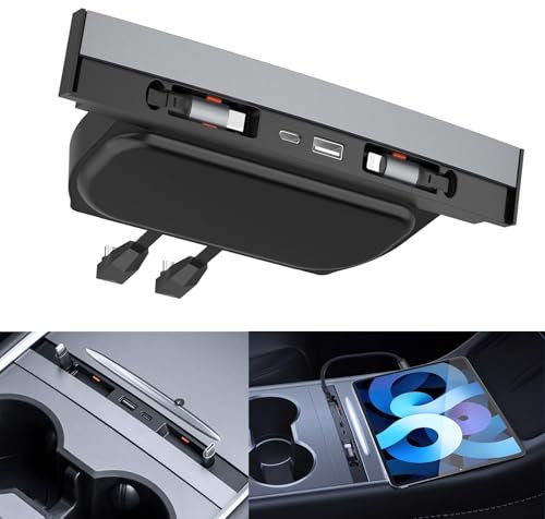 Heart Horse Tesla USB Hub Adaptador de Carga Rápida para Modelo Y Modelo 3 (2021-2024), Estación de acoplamiento de consola central con cable retráctil y cubierta deslizante para accesorios interiores