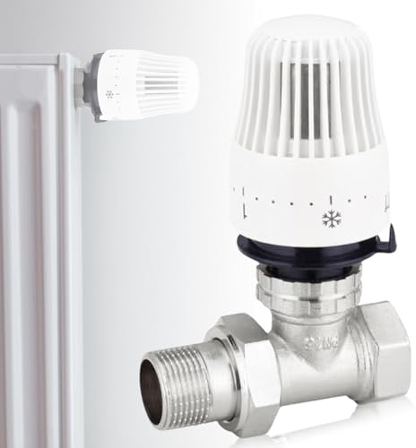 Valvola termostatica, testa termostatica, 1/2 per termosifone, termostato per termosifone, set completo, forma passante, bianco, attacco filettato, regolatore di riscaldamento, set termostatico,