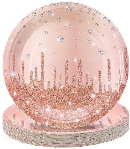 Xialvyu Lot de 20 assiettes jetables en carton - Or rose - 17,8 cm - Rondes - Pour fête d'anniversaire - Pour mariage, anniversaire d'enfant