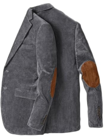 Chamarra de parche de codo de Stillluxury para hombre, de un solo pecho, de pana, casual, deportiva, con solapa de muesca, para boda, esmoquin, gris, L