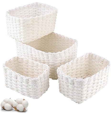 Zosenyer Aufbewahrungskorb Geflochten, 4er Stapelbarer Badezimmer Körbe Aufbewahrung, Storage Basket für Wohnzimmer Küchen Kinderzimmer Bad, Geeignet Als Windel Organizer und Besteckkorb (Weiß)