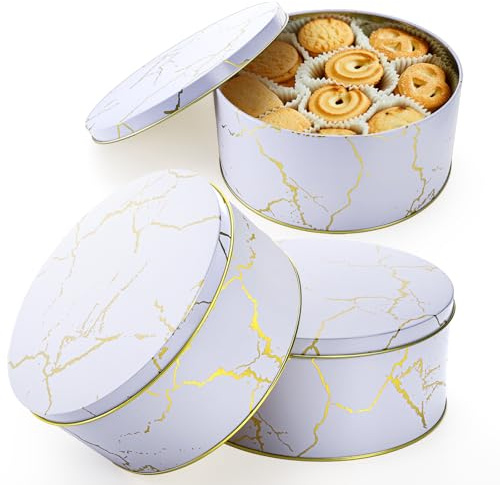 Yopay 3 Pack Cookie Tins with Lids, Round Gift Boxes with Lids, Marbled Easter Baking Cake Containers for Valentines Gift Giving Puff Pastries Craft Supplies Metal Canister