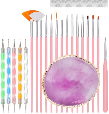 lasuroa 20pcs Pinceau Ongle pour Nail, Silicone Pinceaux Ongles à Double Extrémité avec Palette de Mélange de Vernis et Porte-Stylo pour Manucure Art Design et Peinture