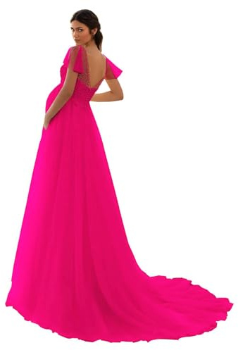HAIBFJIN Vestido de maternidad de tul, cuello en V, vestido de novia para embarazadas, vestidos de maternidad para baby shower, sesión de fotos, fucsia, 50