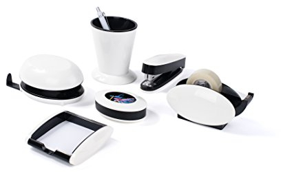 Pavo Trendy Schreibtisch-Set, 6-teilig - Hochglanz mit Stifteköcher, Klammernspender, Locher, Heftgerät, Zettelbox und Tischabrolle, weiß