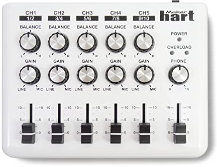 Maker Hart LOOP MIXER - Portable Audio Mixer with 5 Channel stereo inputs, 3 Outputs via 3.5mm jack. Including a Mono to Stereo DM2S Adapter.