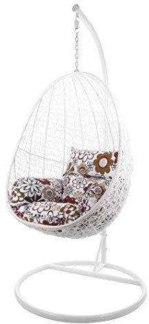 Kideo® poltrona sospesa con telaio e cuscino, seduta lounge, in rattan sintetico. Colore telaio e cesto: bianco. Cuscino: Motivo floreale Nest (3762 retro flowers)