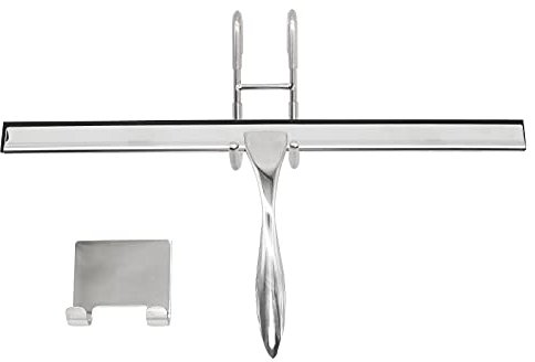 ValueHall Escobilla de Goma Multifunción Limpiacristales Ducha Rasqueta Limpiacristales de Acero Inoxidable con Gancho para Puerta de Ducha y Gancho Adhesivo Sin Perforaciones V1C07