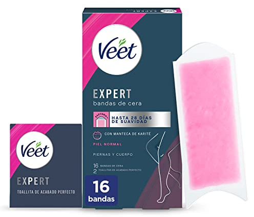 Veet Expert Fasce di Cera Fredda Depilatoria per Depilazione di Gambe e Corpo, con Burro di Karitè, 16 strisce